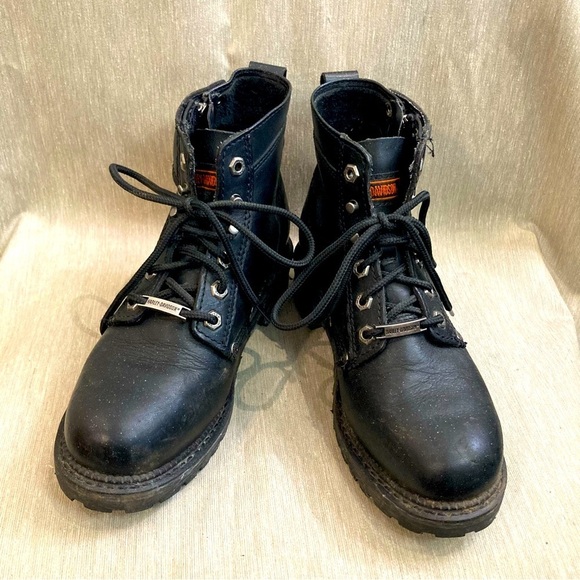 HARLEY DAVIDSON Sz 8 Leather Lace Up Zipper Closure Moto Chunky Sole  Booties - Picture 1 of 13